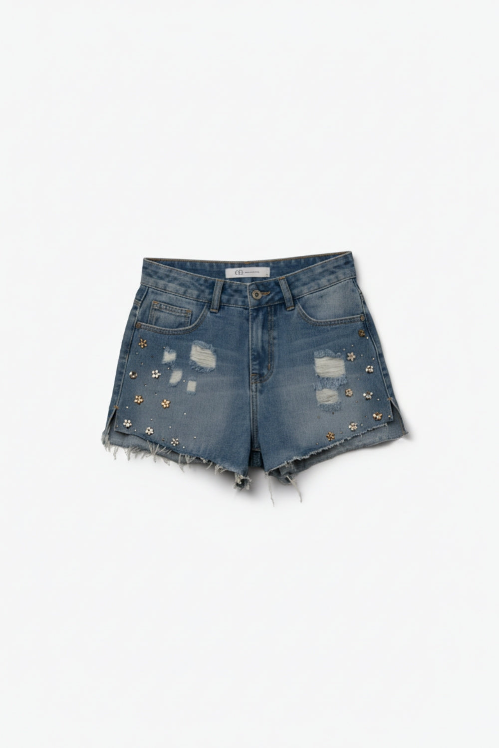 Q2 Embroidered Denim Shorts in Light Wash