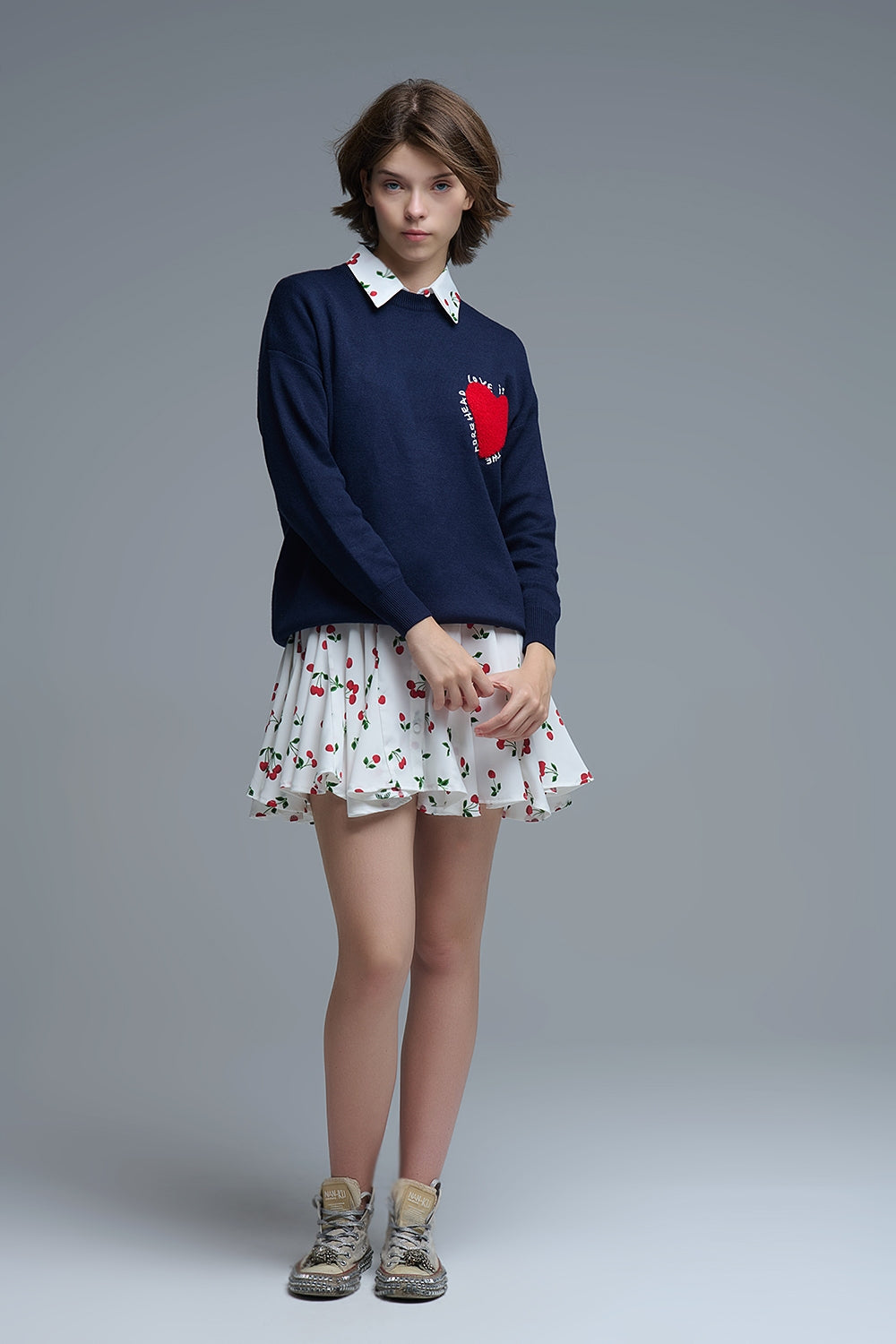 Embroidered Heart knitted jumper With Text in Navy