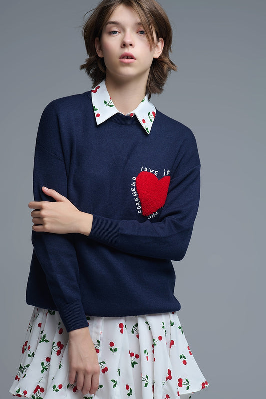 Q2 Embroidered Heart knitted jumper With Text in Navy
