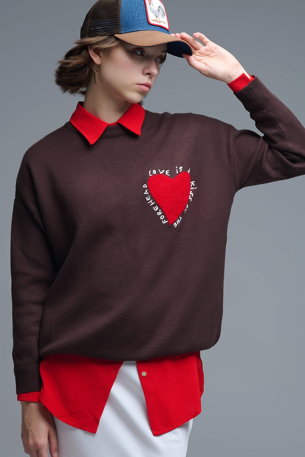 Embroidered Heart knitted Sweatshirt With Text in Brown