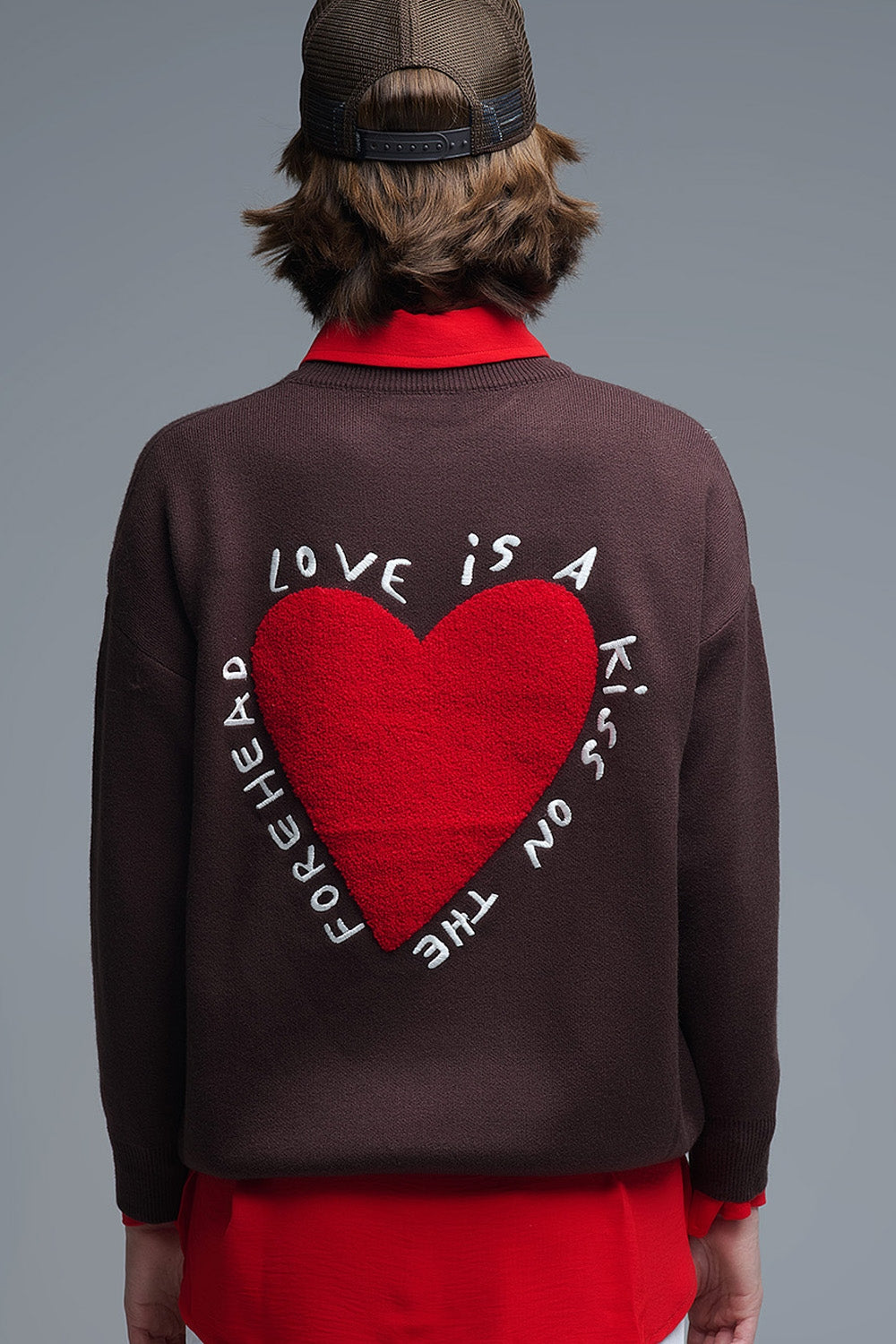 Embroidered Heart knitted Sweatshirt With Text in Brown