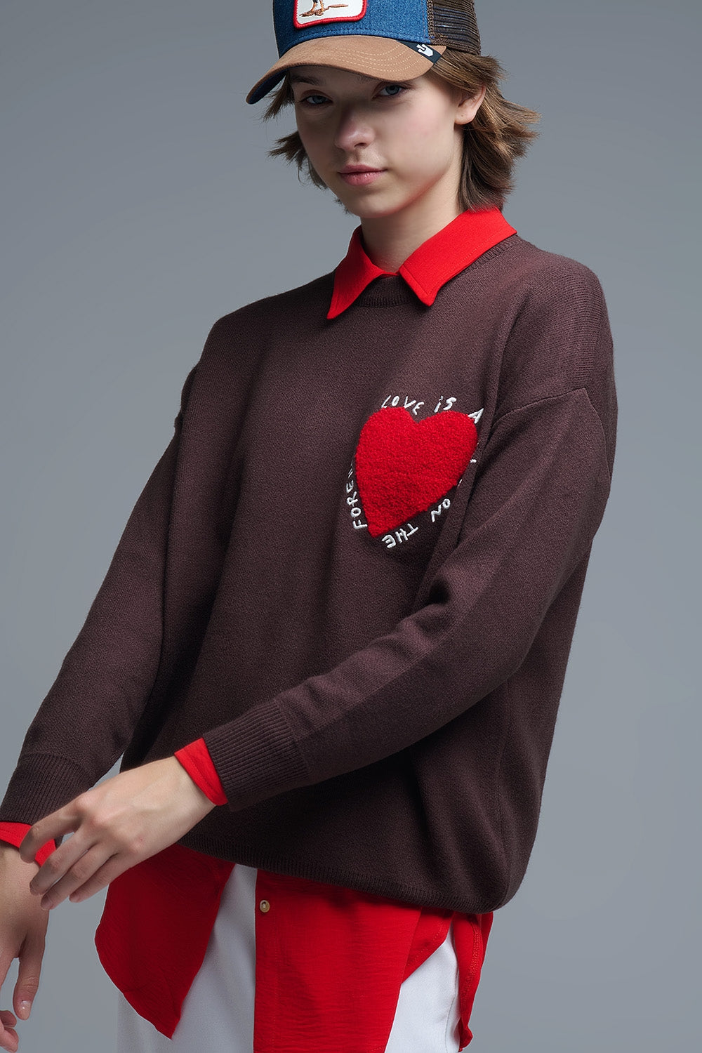 Embroidered Heart knitted Sweatshirt With Text in Brown