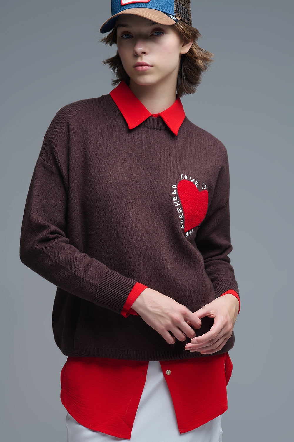 Q2 Embroidered Heart knitted Sweatshirt With Text in Brown