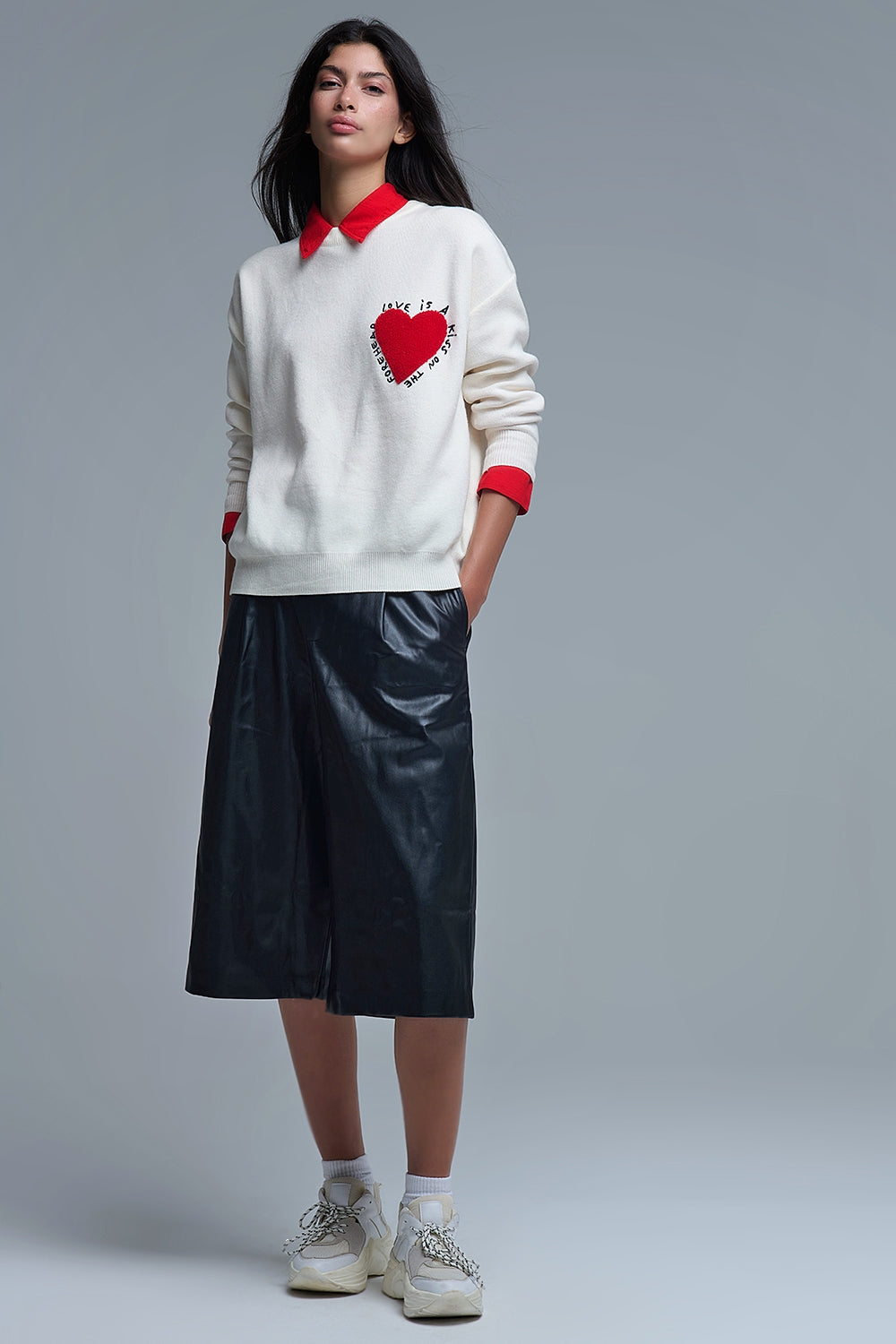Embroidered Heart knitted Sweatshirt With Text in Cream
