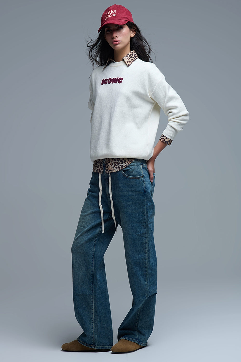 Embroidered ICONIC Sweater with Global Tour Back Print in Cream