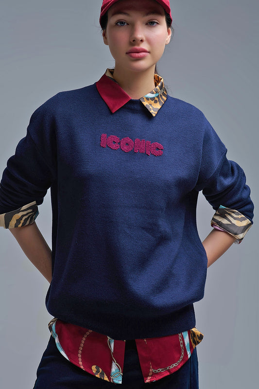 Q2 Embroidered ICONIC Sweater with Global Tour Back Print in Navy