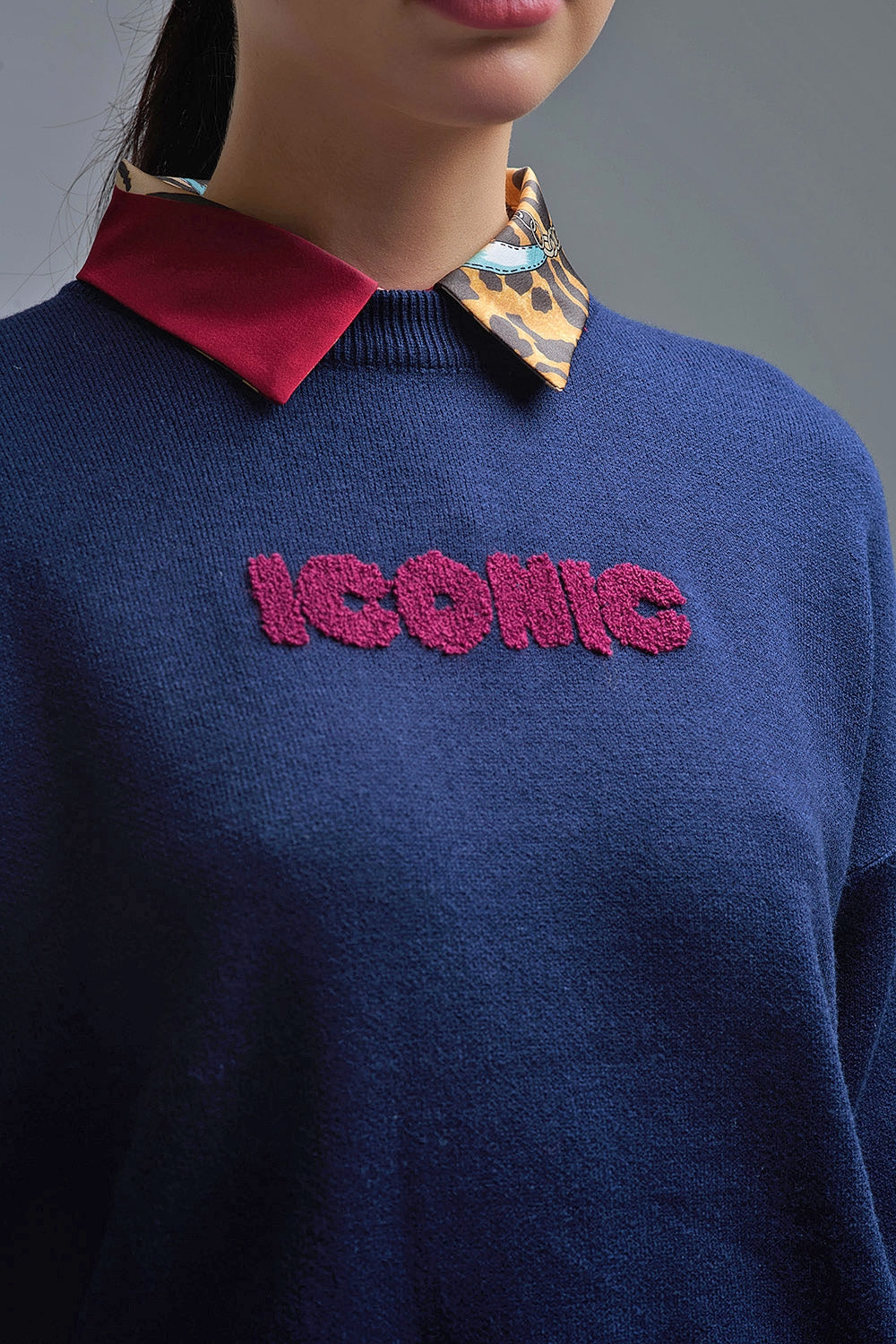 Embroidered ICONIC Sweater with Global Tour Back Print in Navy