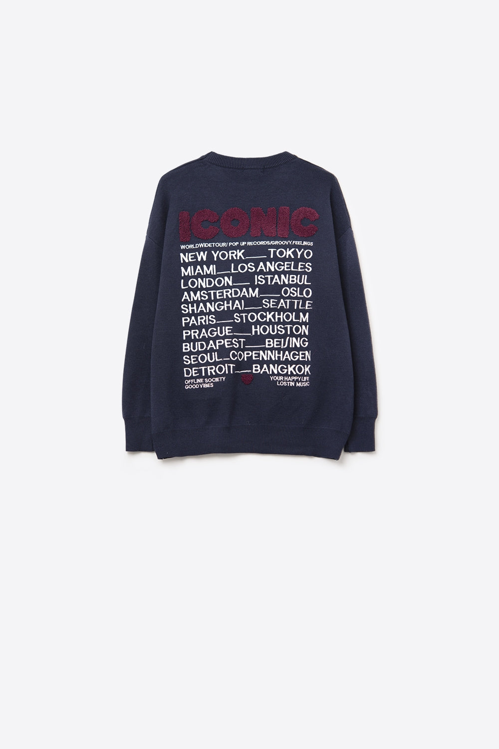 Embroidered ICONIC Sweater with Global Tour Back Print in Navy