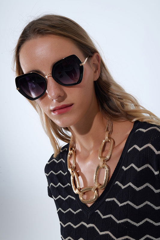 Q2 Extra Large Hexagonal Cat Eye Sunglasses in Black