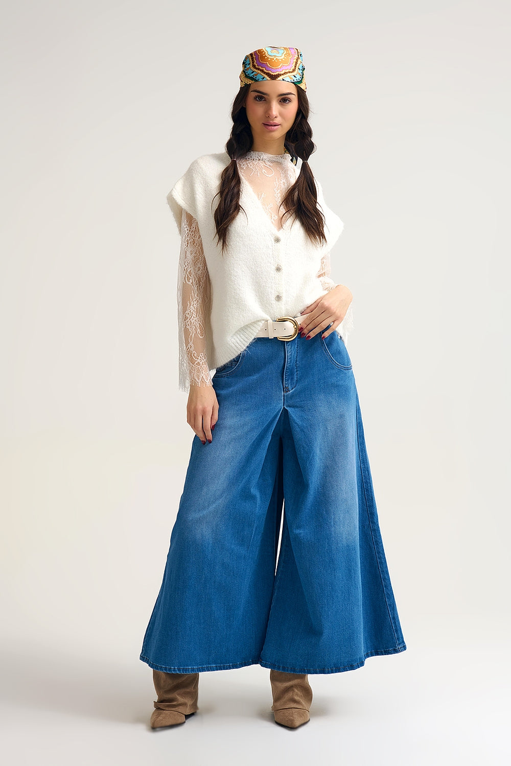 Extra Wide Leg Denim Skort with Front Pleat