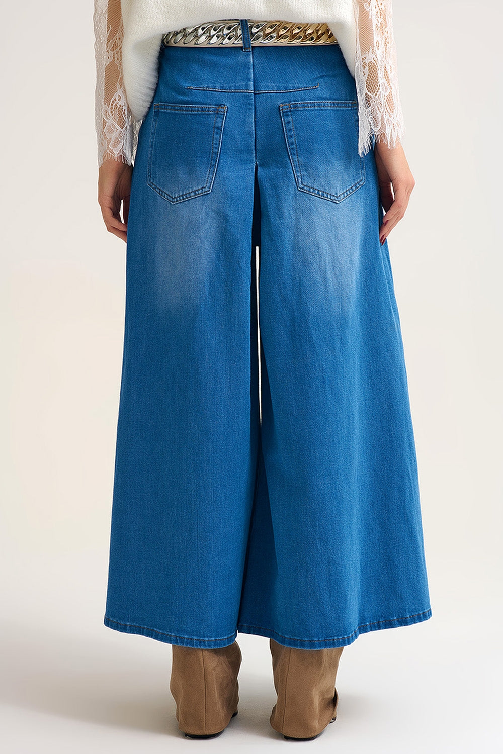 Extra Wide Leg Denim Skort with Front Pleat