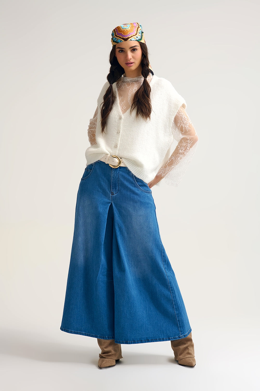 Extra Wide Leg Denim Skort with Front Pleat