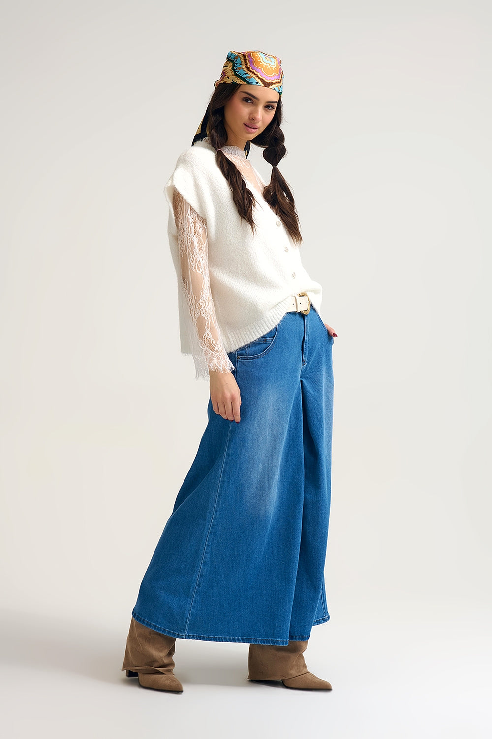 Extra Wide Leg Denim Skort with Front Pleat