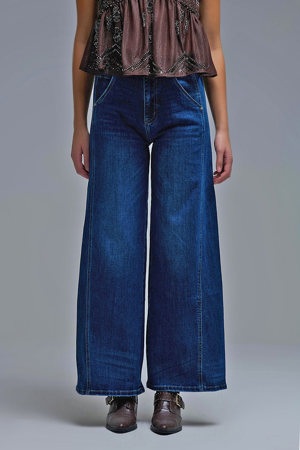 Extra Wide Leg Jeans In Mid Wash with side pockets