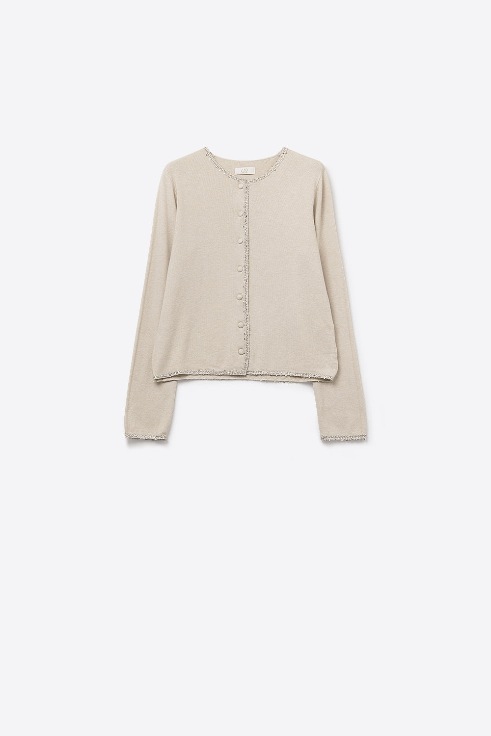 Q2 fine knit beige cardigan with rhinestone detail