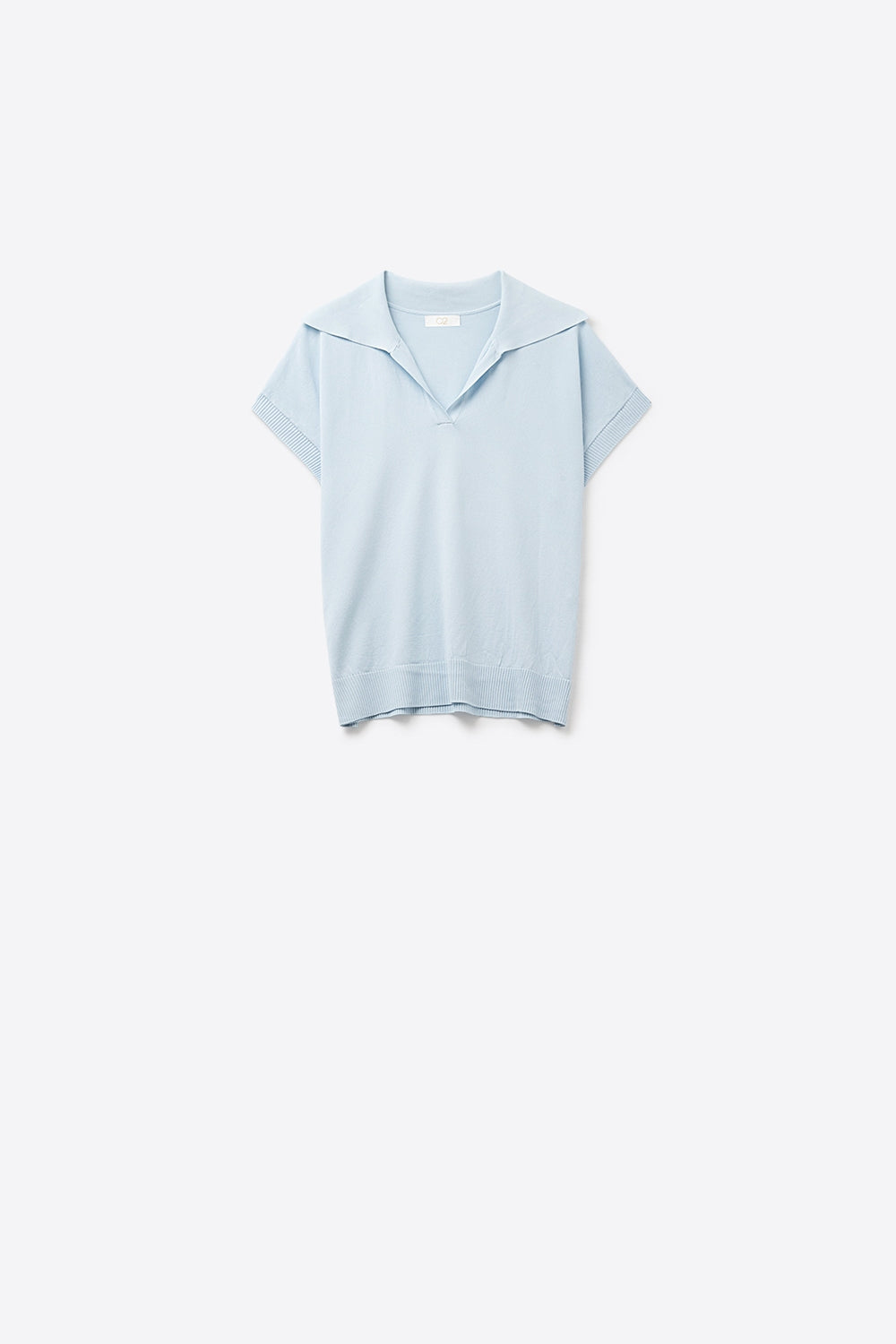 Fine Knit Polo-Style Short Sleeve Top in Baby Blue