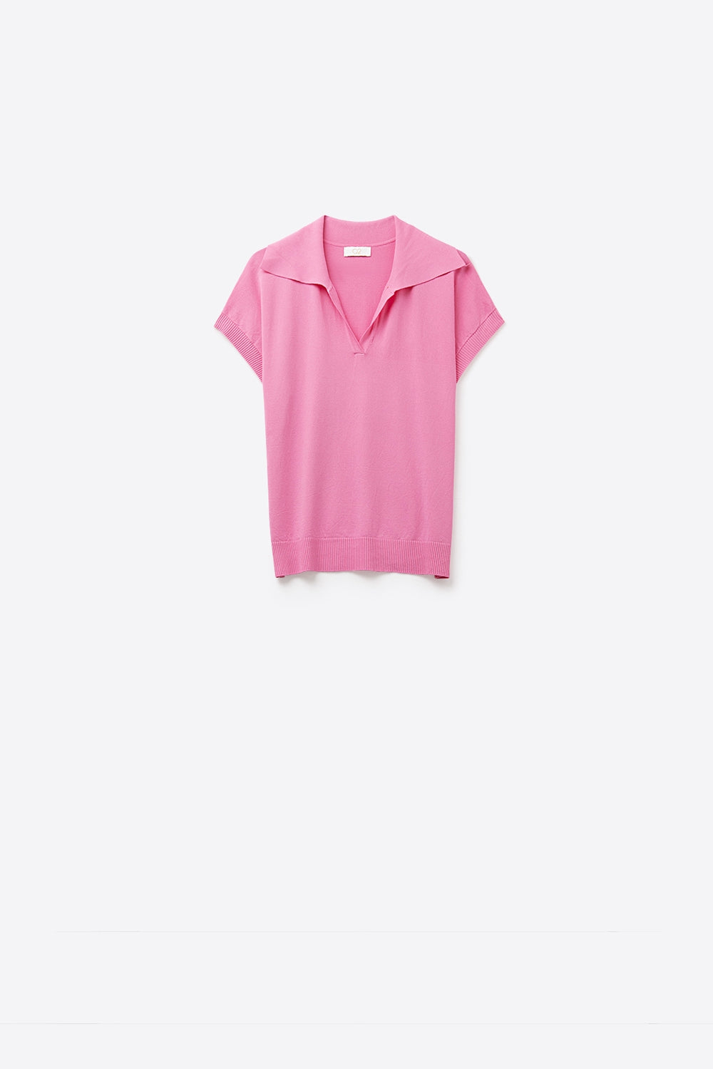 Fine Knit Polo-Style Short Sleeve Top in Fuchsia
