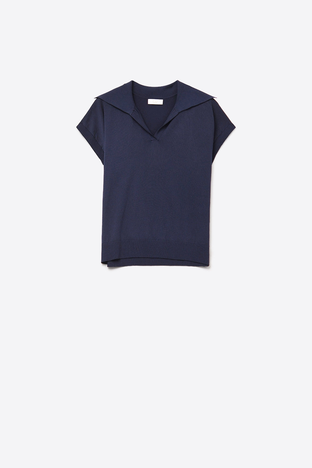 Q2 Fine Knit Polo-Style Short Sleeve Top in Navy