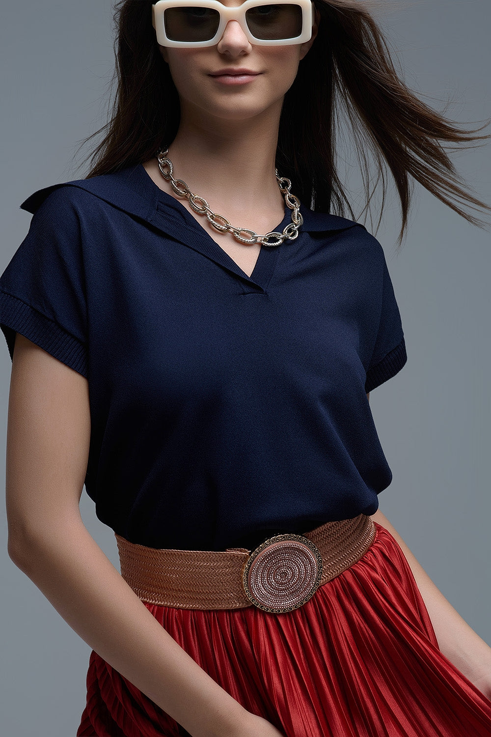 Fijngebreid poloshirt met korte mouwen in marineblauw