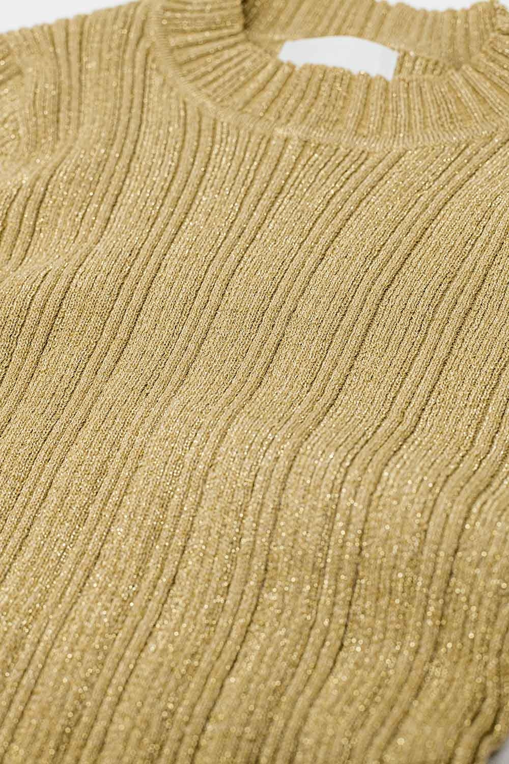 Camisola canelada justa em bege com detalhe em fio prateado