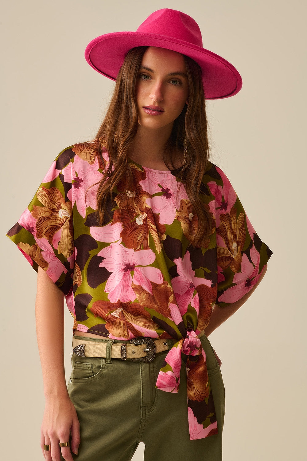 Q2 Floral Knot Top With Green Background in satin fabric