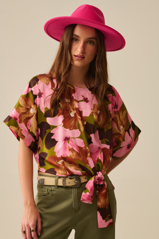 Q2 Floral Knot Top With Green Background in satin fabric