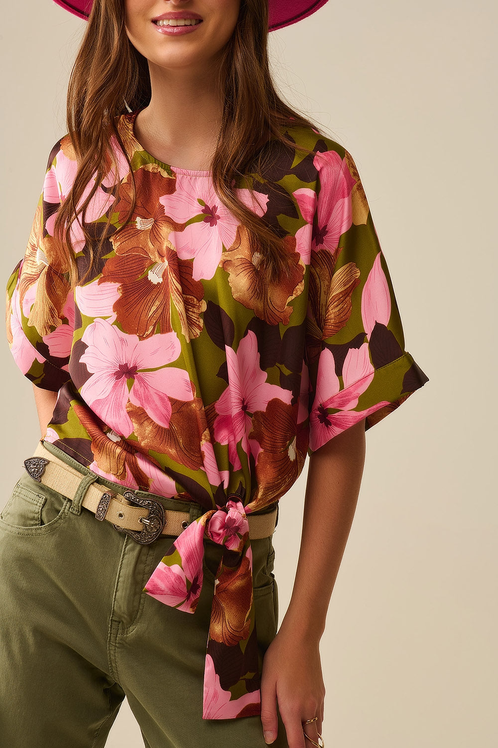 Floral Knot Top With Green Background in satin fabric