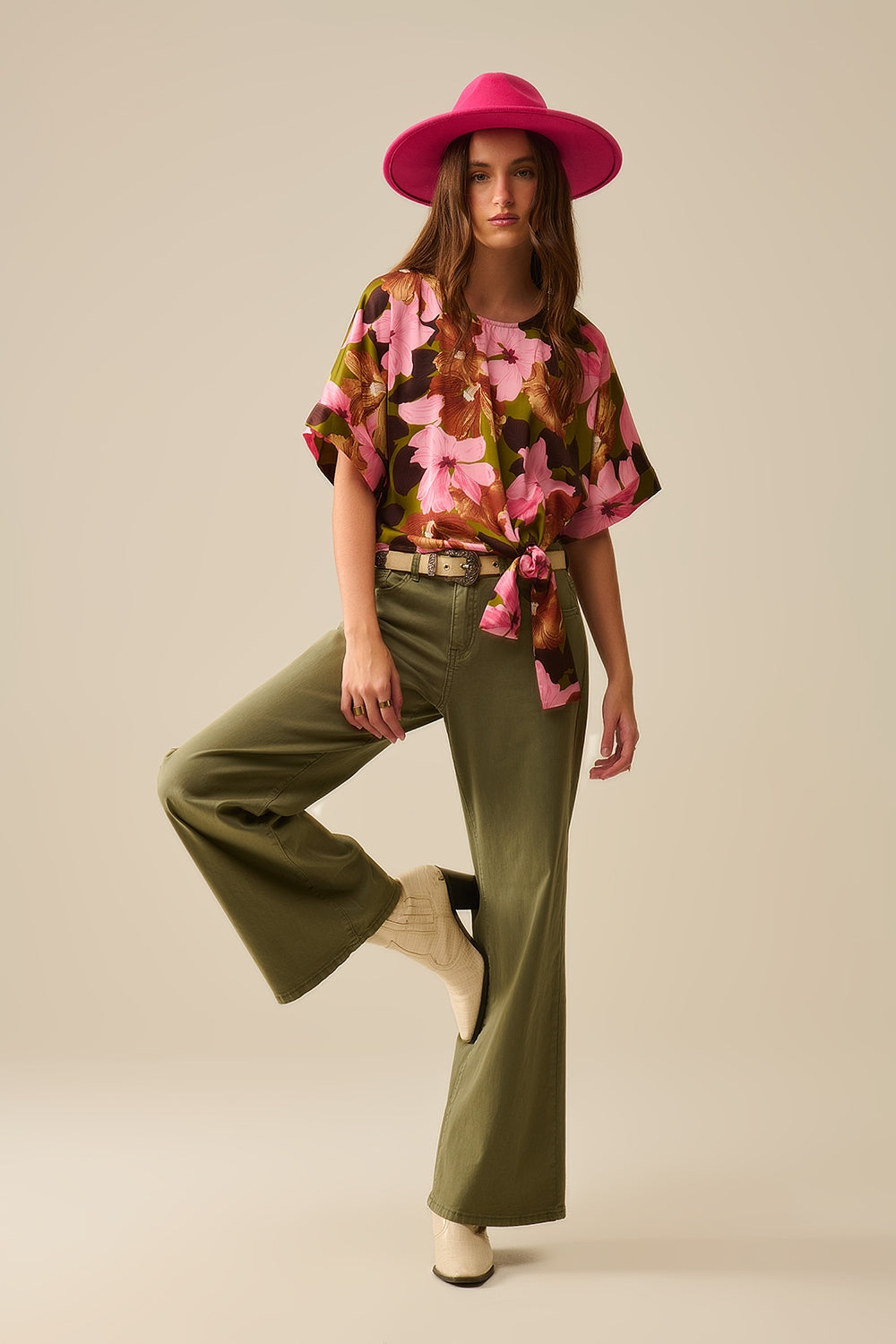 Floral Knot Top With Green Background in satin fabric
