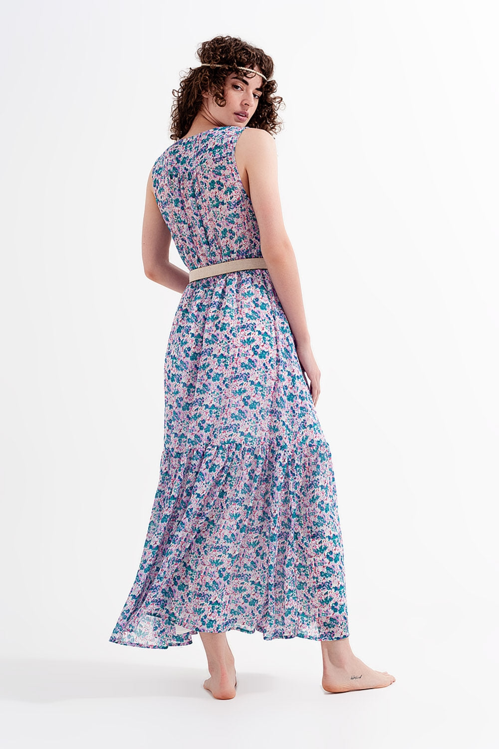 Mouwloze maxi-jurk met bloemenprint in groen
