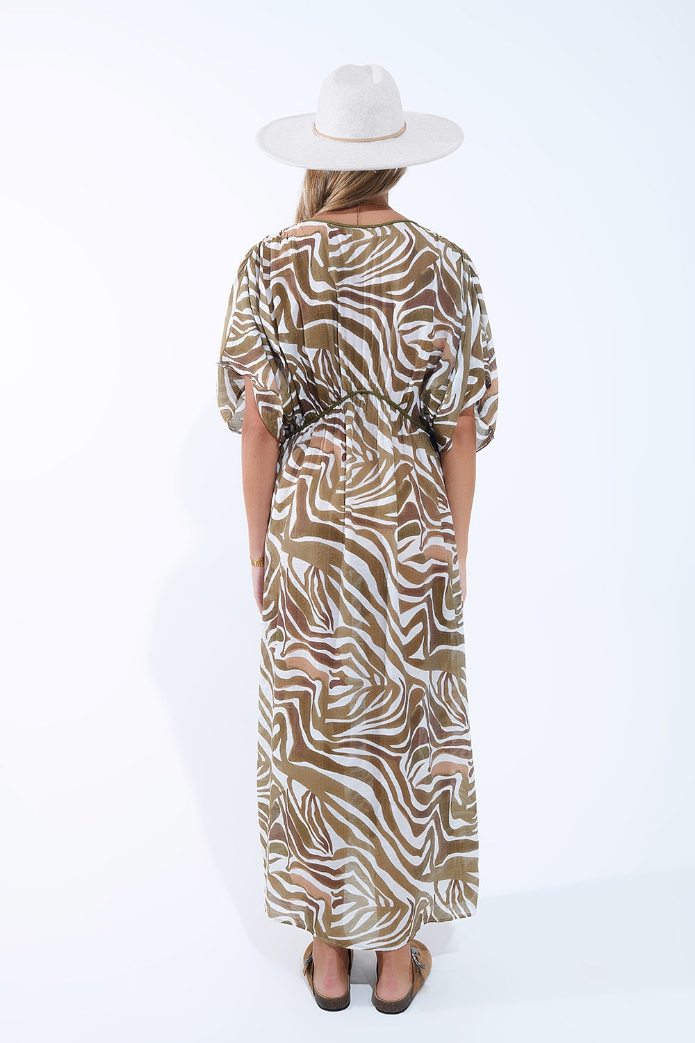 flowy chiffon Khaki Zebra Print Maxi Dress with Drawstring Waist