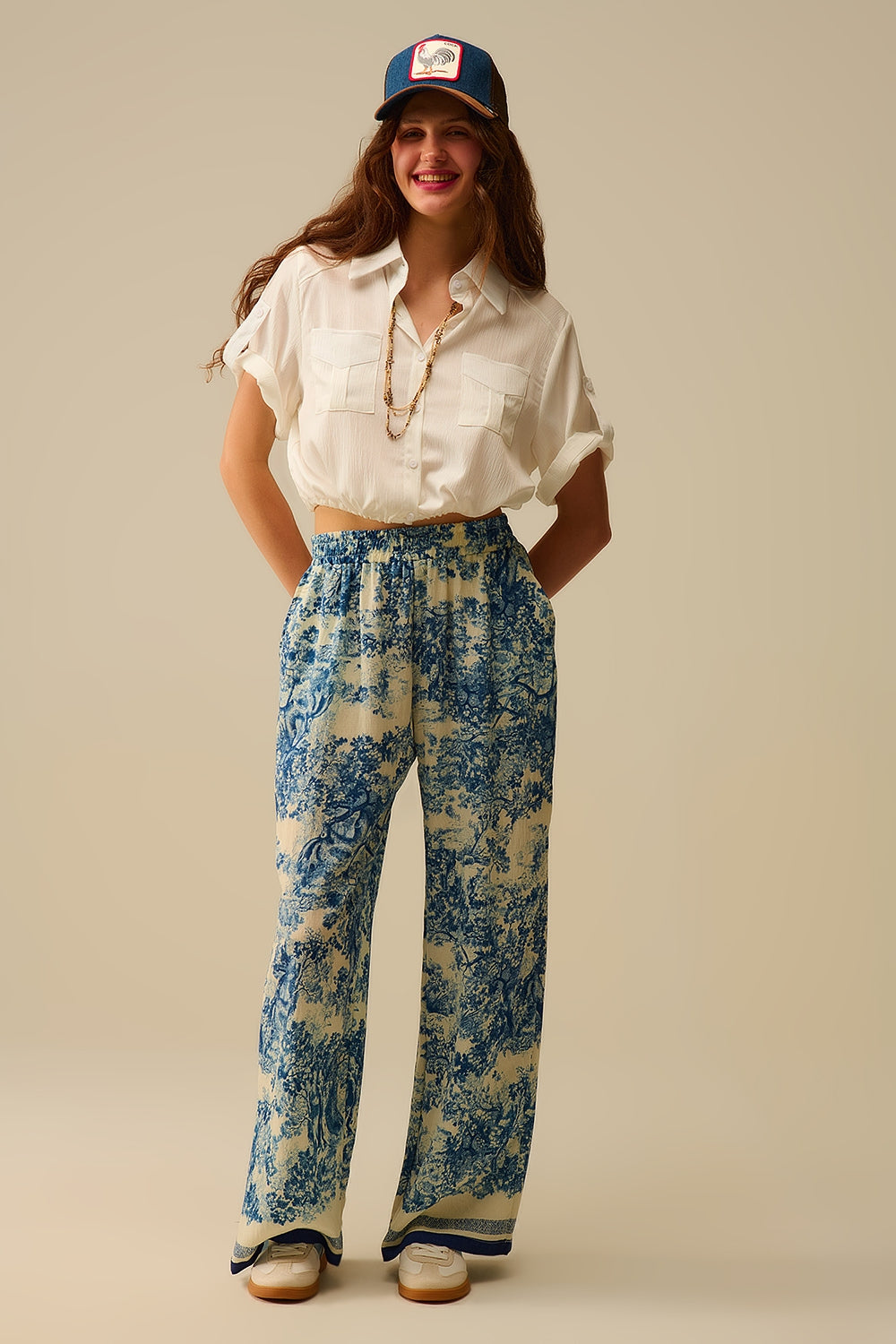 Soepele Toile de Jouy-broek met print en elastische taille