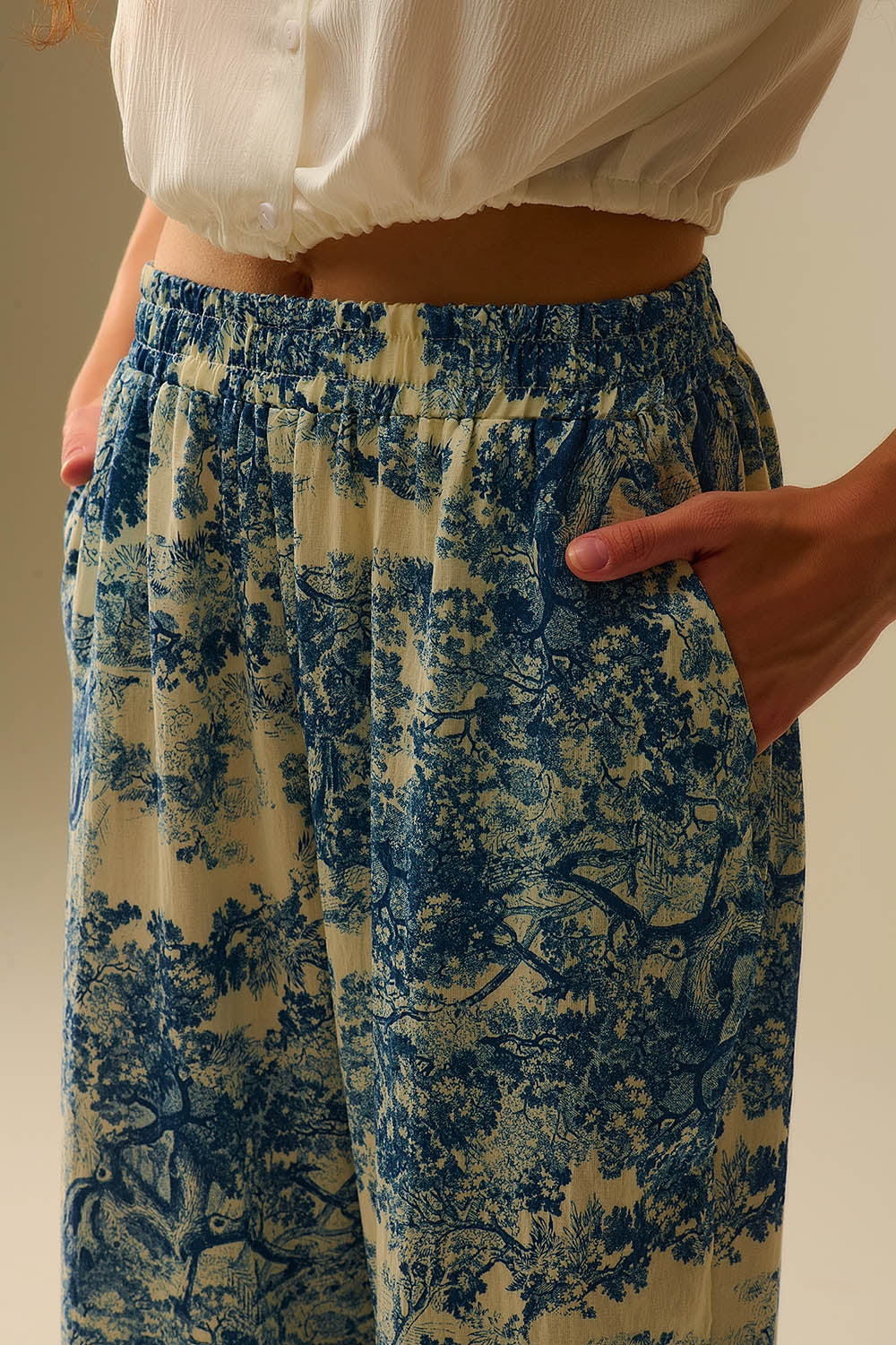 Soepele Toile de Jouy-broek met print en elastische taille