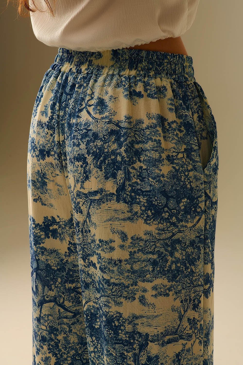 Soepele Toile de Jouy-broek met print en elastische taille