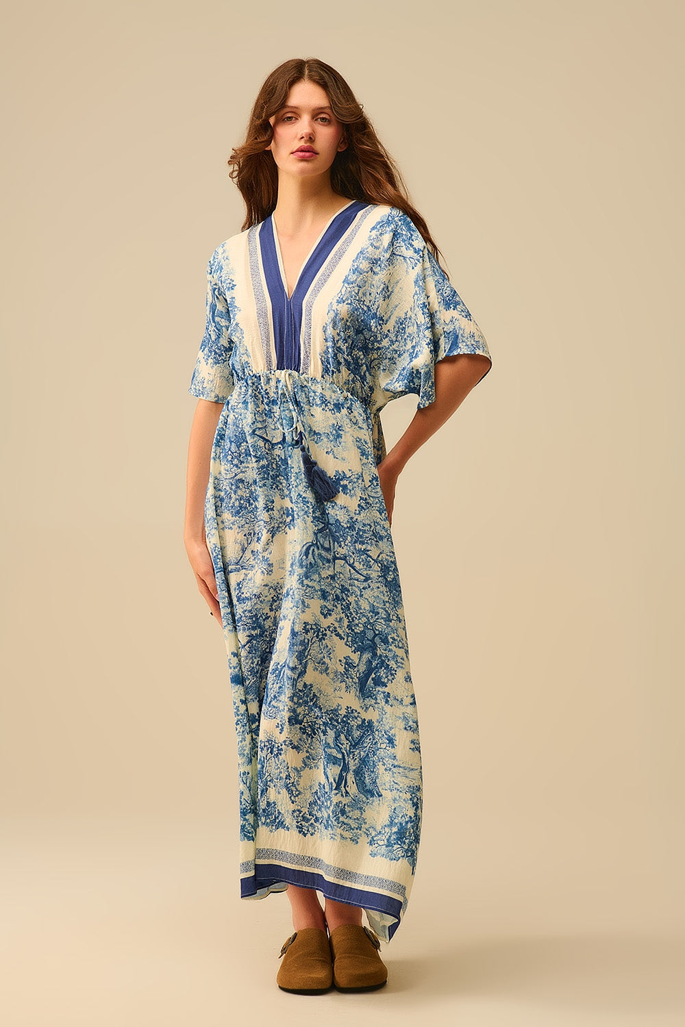 Flowy V-neck Dress with Toile de Jouy Print