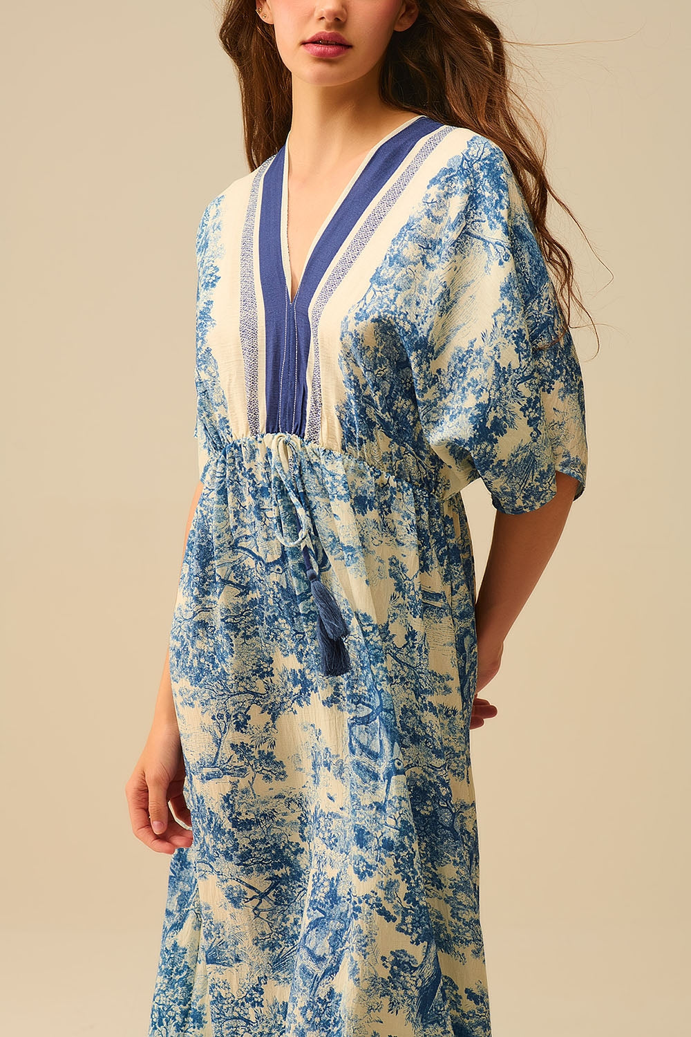 Flowy V-neck Dress with Toile de Jouy Print