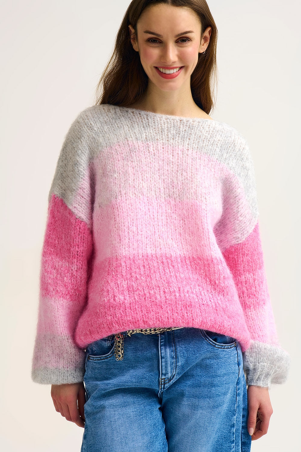 Fluffy Gradient Knit Sweater with Soft pink Color Transitions