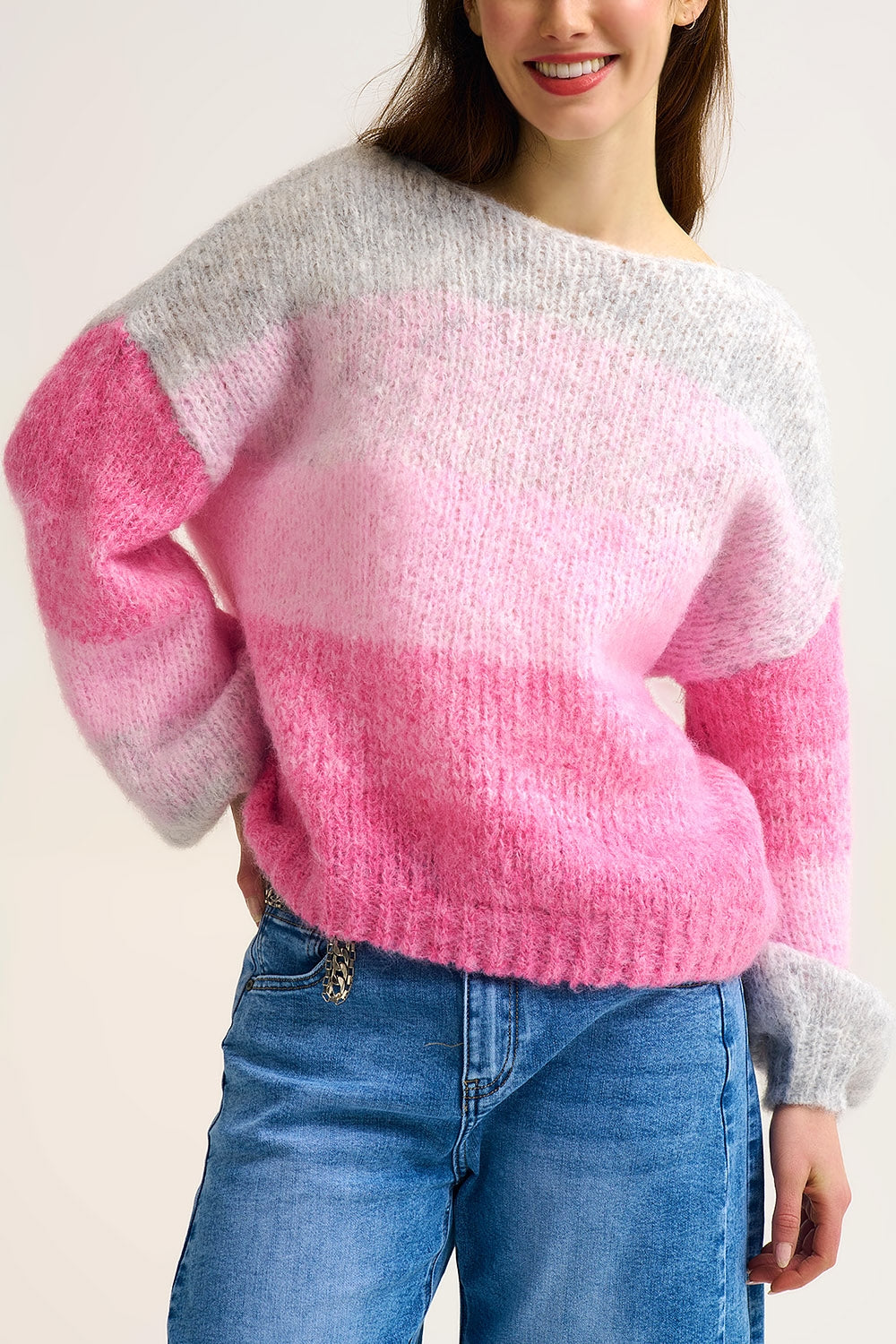 Fluffy Gradient Knit Sweater with Soft pink Color Transitions