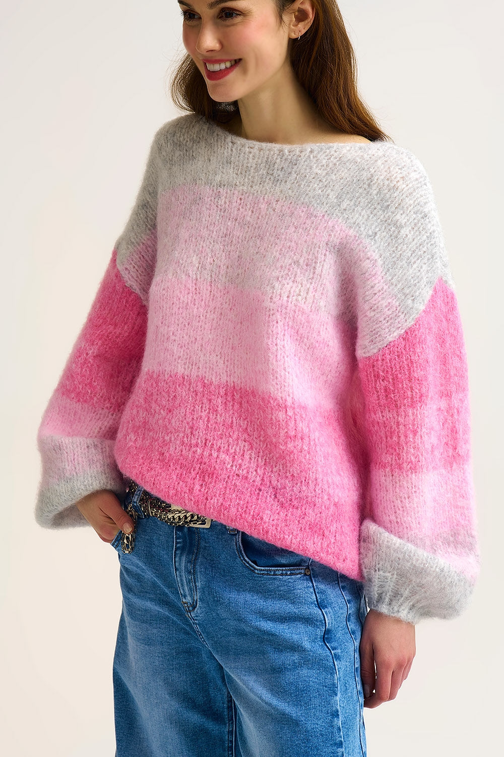 Q2 Fluffy Gradient Knit Sweater with Soft pink Color Transitions