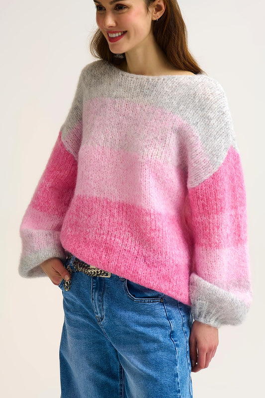 Q2 Fluffy Gradient Knit Sweater with Soft pink Color Transitions