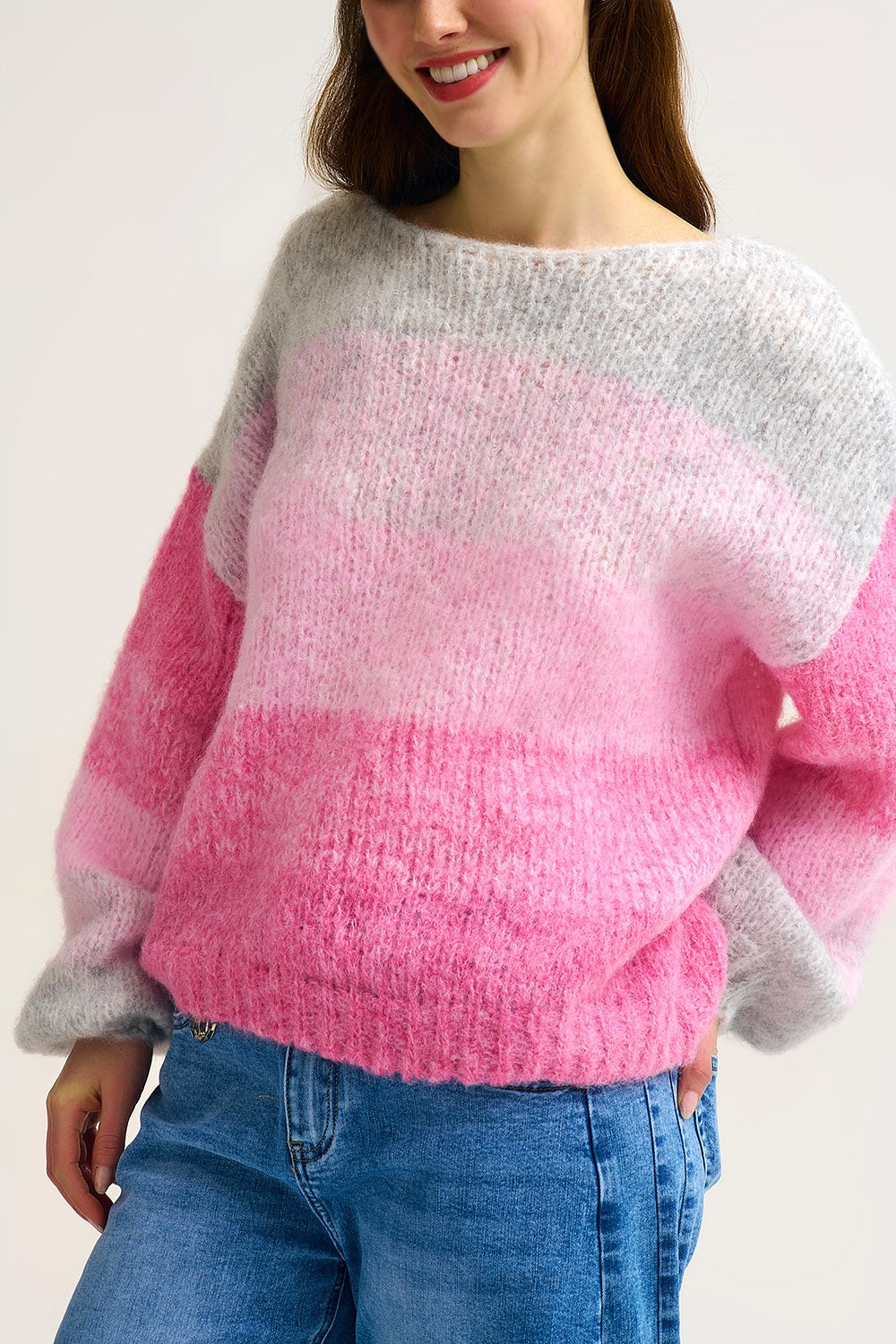 Fluffy Gradient Knit Sweater with Soft pink Color Transitions