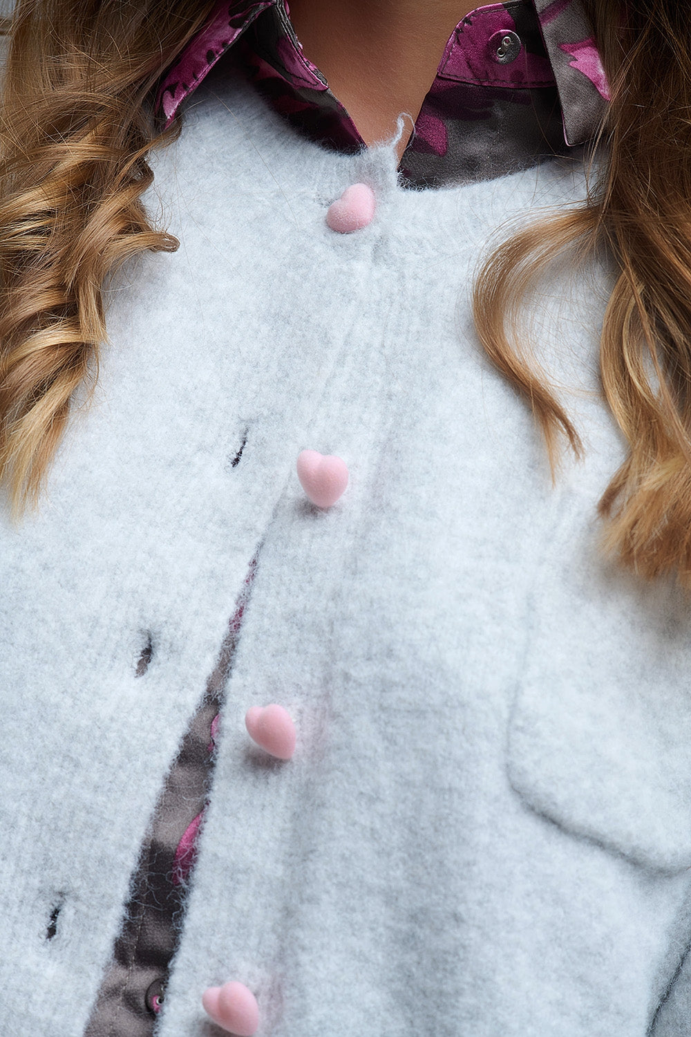 fluffy Gray Cardigan with Heart Buttons