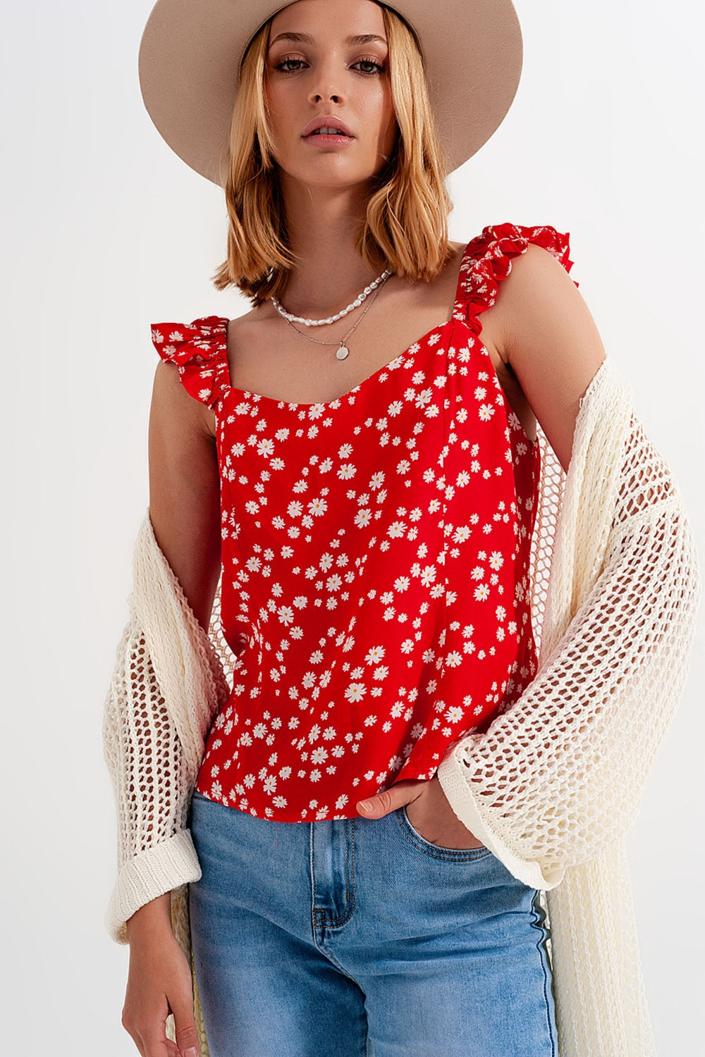 Top cami com alças e folhos em estampado floral vermelho