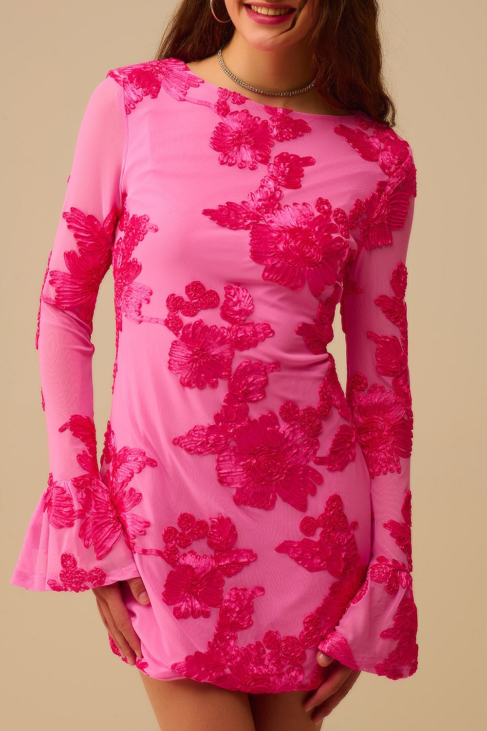fuchsia chiffon mini dress with floral brocade