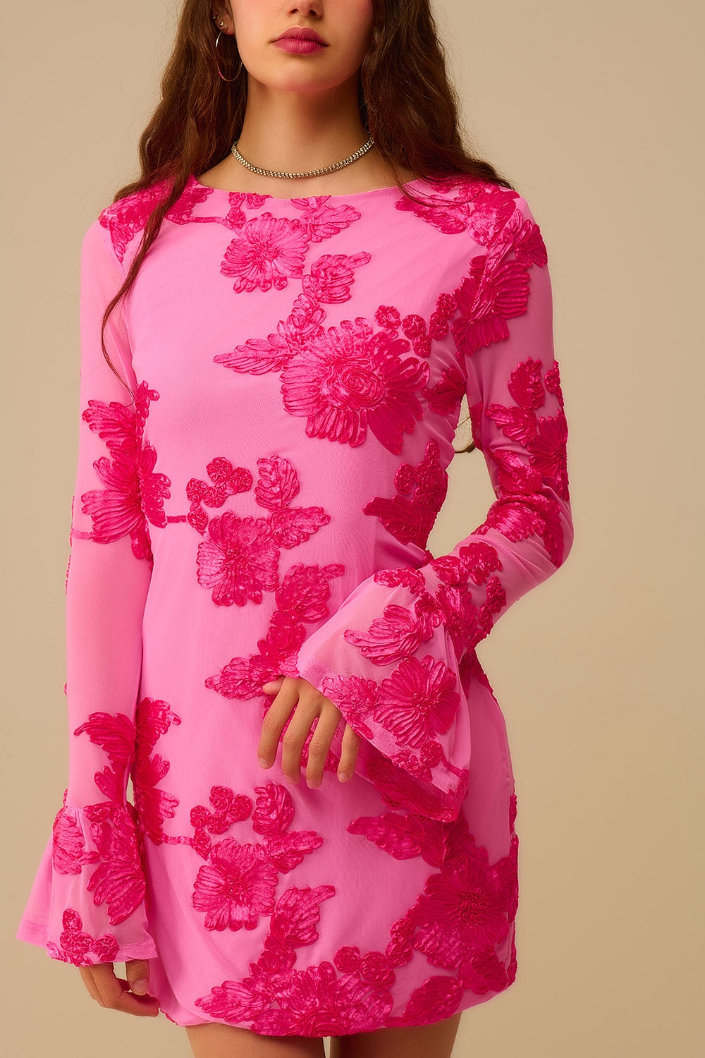 fuchsia chiffon mini dress with floral brocade