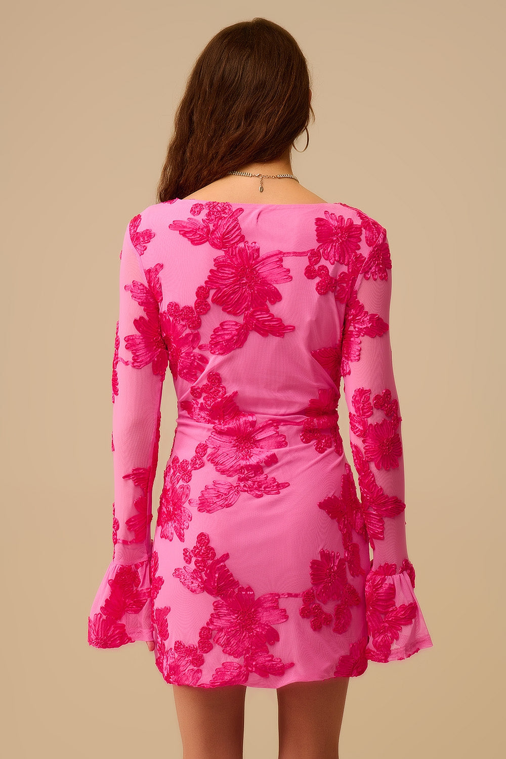 fuchsia chiffon mini dress with floral brocade