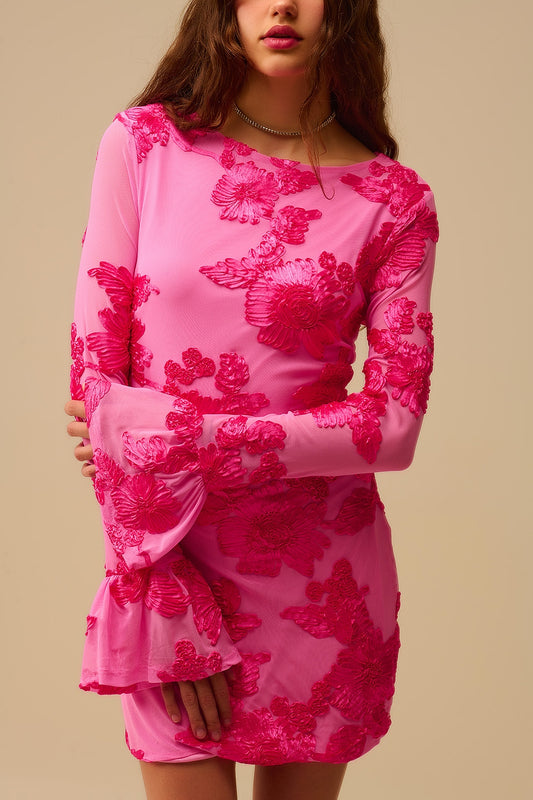 fuchsia chiffon mini dress with floral brocade