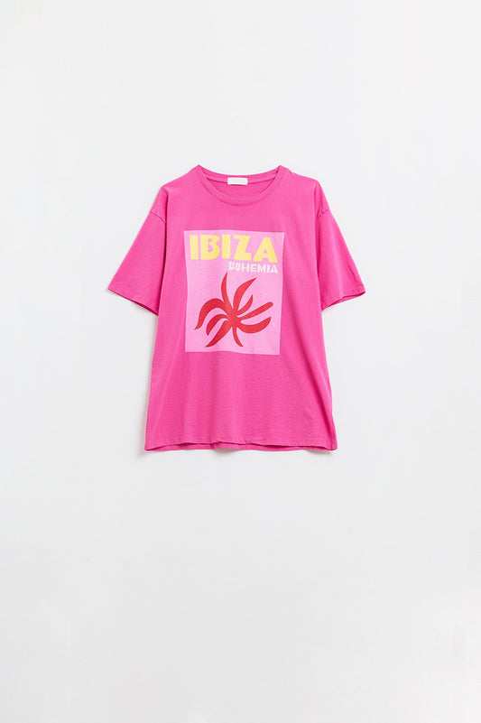 Q2 Fuchsia Ibiza Bohemia Relaxed T-Shirt With Pink Print