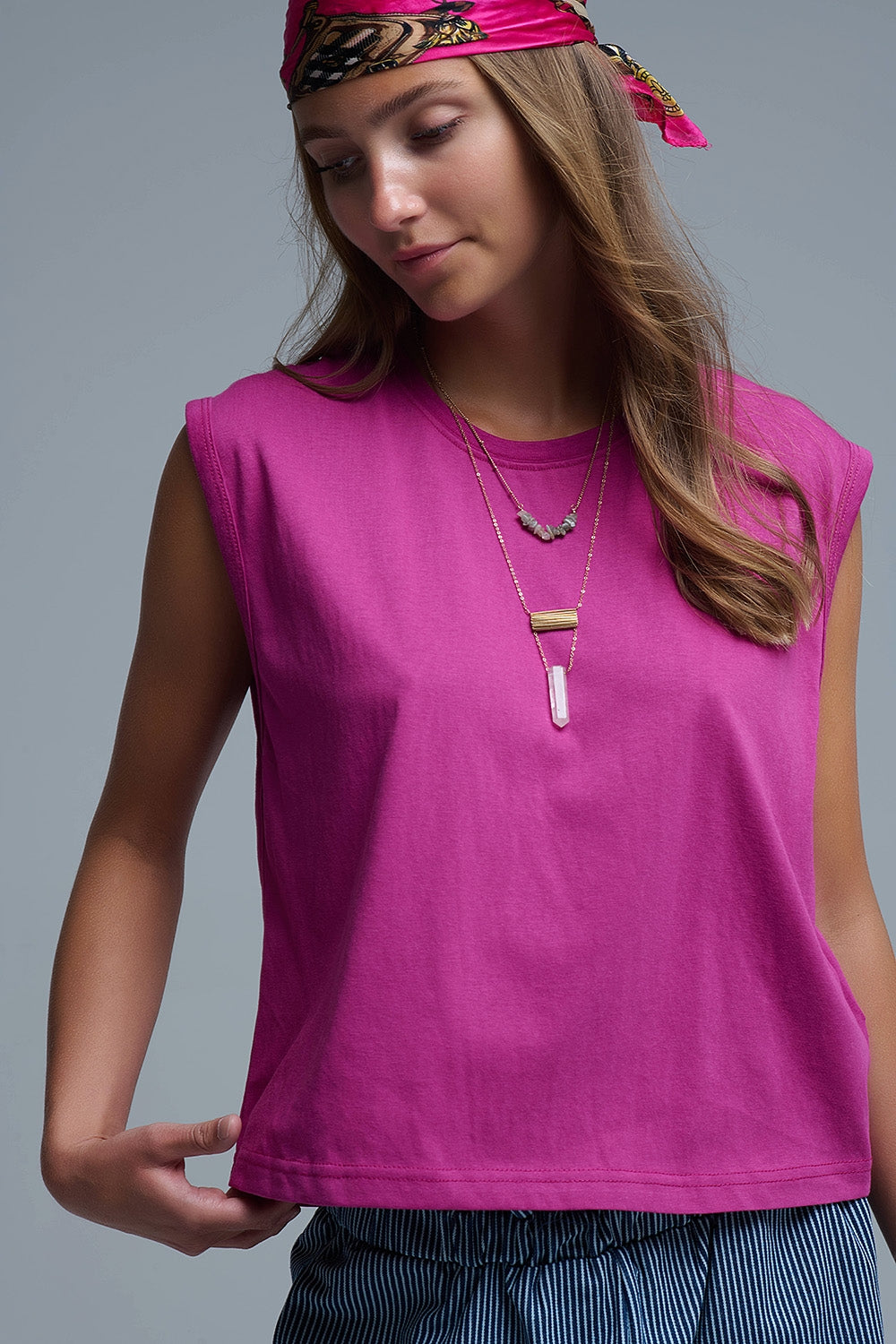 Fuchsia Sleeveless cotton T-shirt