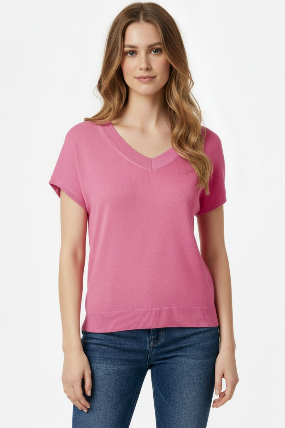 Fucshia fine knit V-neck sweater
