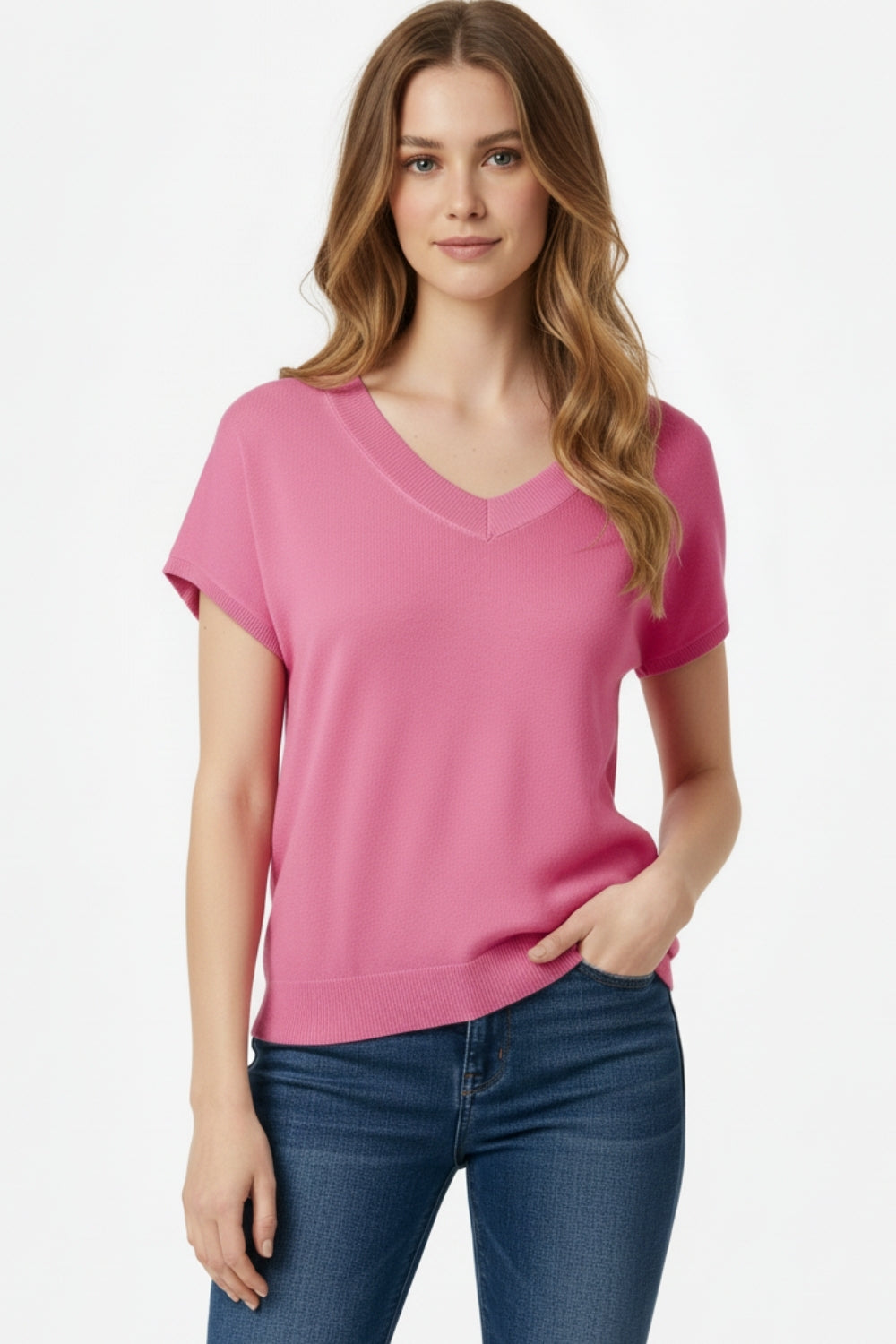 Fucshia fine knit V-neck sweater